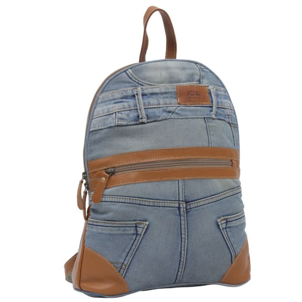 Myra Bag Janesa Upcycled Denim Leather Patchwork Backpack Blue Brown Boho SNWT - Picture 3 of 5
